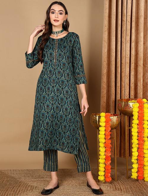 teal printed kurta pant set - 19997393 - Very Small Image - 1