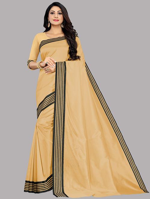 beige solid with bordered saree with blouse - 19997405 - Very Small Image - 1