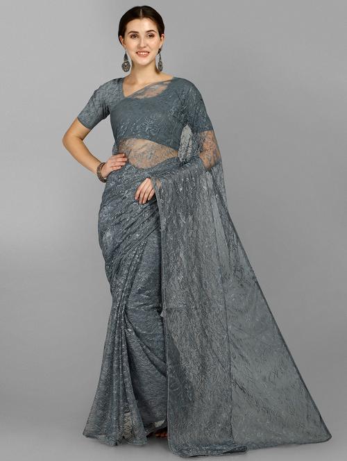 grey floral embroidered net saree with blouse - 19997430 - Very Small Image - 1