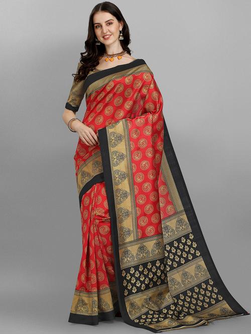 red self designed woven contrast border saree with blouse - 19997441 - Very Small Image - 1