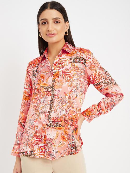 orange floral print long sleeves regular shirt - 19999269 - Very Small Image - 1
