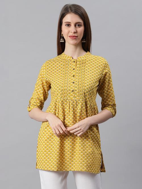 yellow floral print mandarin neck straight tunic - 19999288 - Very Small Image - 1