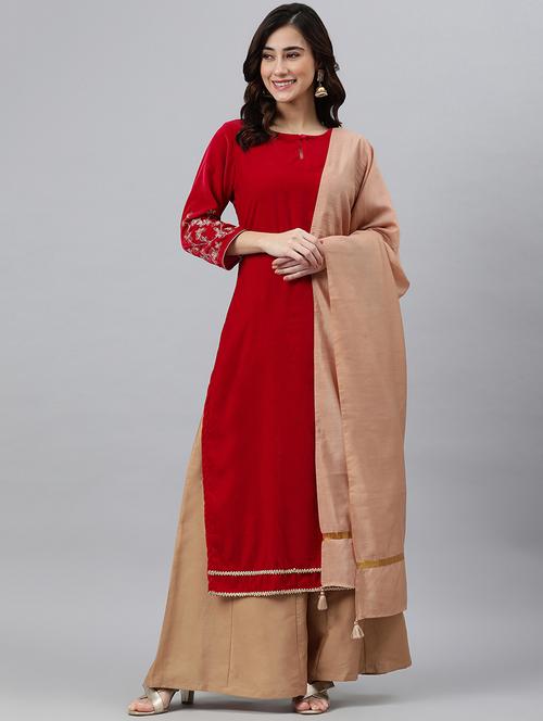 red round neck kurta palazzo with dupatta - 19999385 - Very Small Image - 1