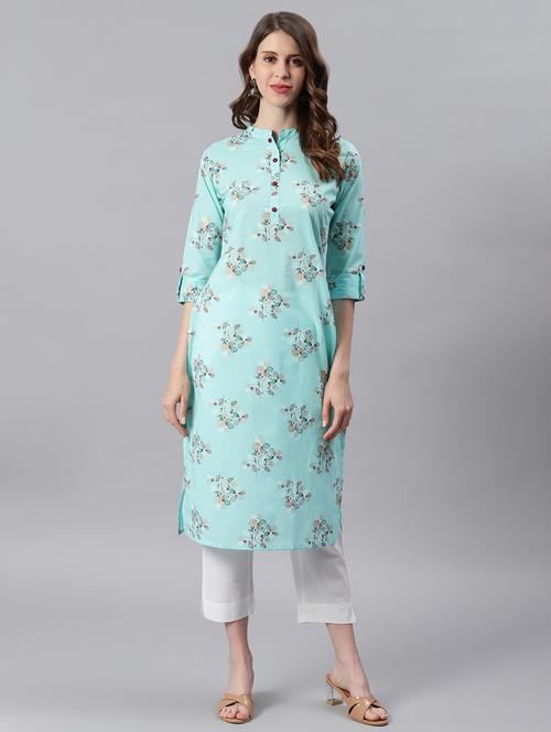 turquois floral printed straight kurta - 19999389 - Very Small Image - 1