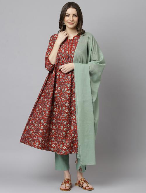 red printed kurta pant set with dupatta - 19999423 - Very Small Image - 1
