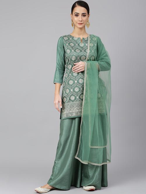 green printed kurta palazzo set with dupatta - 19999430 - Very Small Image - 1