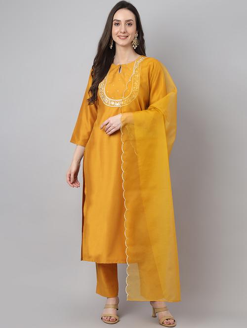yellow solid kurta pant set with dupatta - 19999438 - Very Small Image - 1