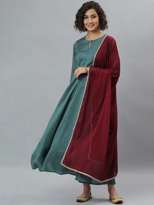 teal solid kurta dupatta set - 19999464 - Very Small Image - 1