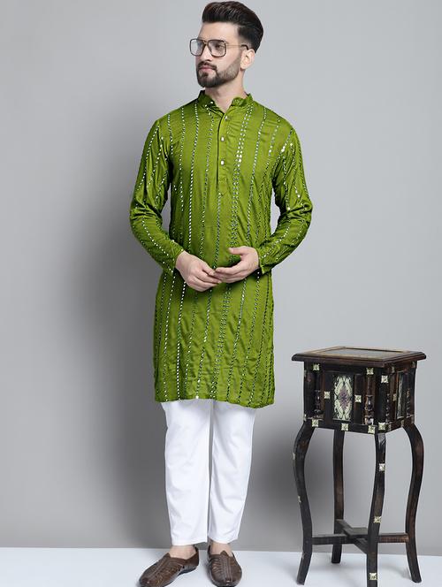 olive viscose kurta pyjama ethnic wear set - 20002379 - Very Small Image - 1