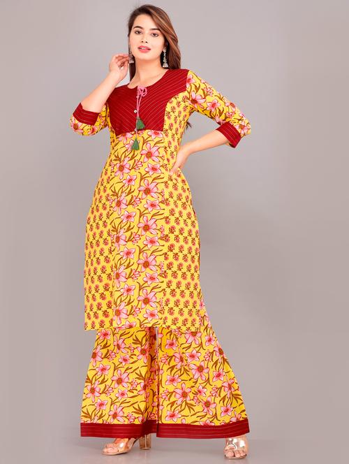 yellow tie up neck kurta sharara set - 20002599 - Very Small Image - 1
