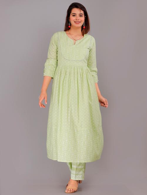 green notch neck embroidered kurta pant set - 20002935 - Very Small Image - 1