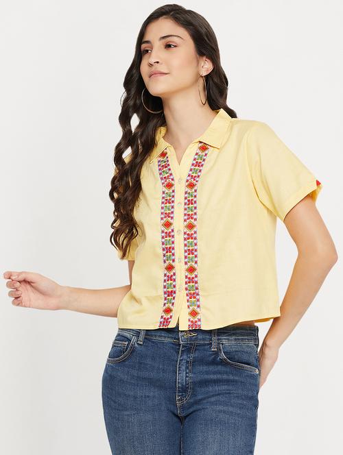 yellow embroidered short sleeves crop shirt - 20005108 - Very Small Image - 1