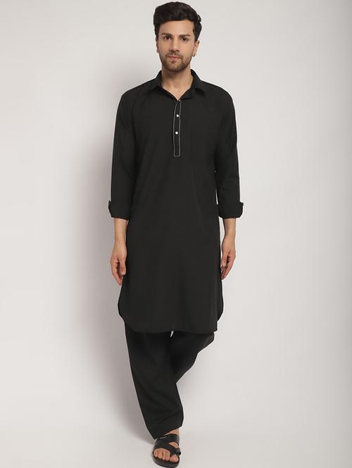 black cotton silk pathani ethnic wear set - 20005258 - Very Small Image - 1