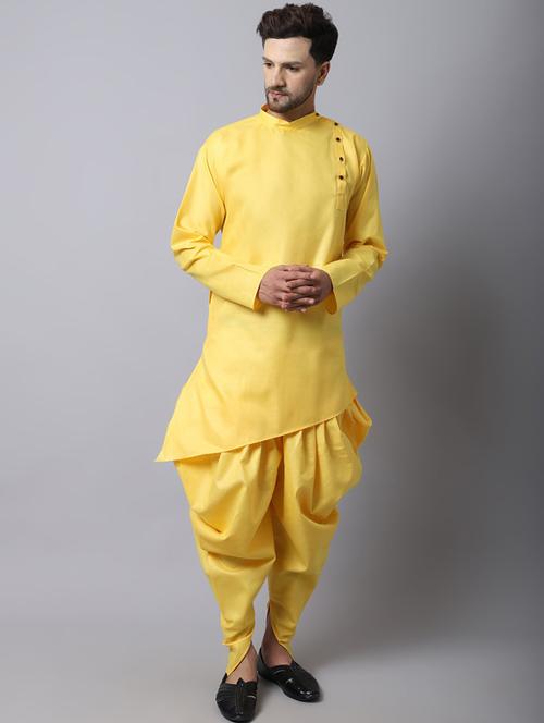 yellow cotton blend dhoti kurta ethnic wear set - 20005260 - Very Small Image - 1