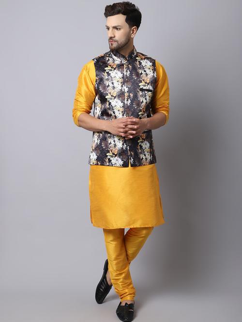 mandarin neck printed kurta pyjama with jacket - 20005270 - Very Small Image - 1