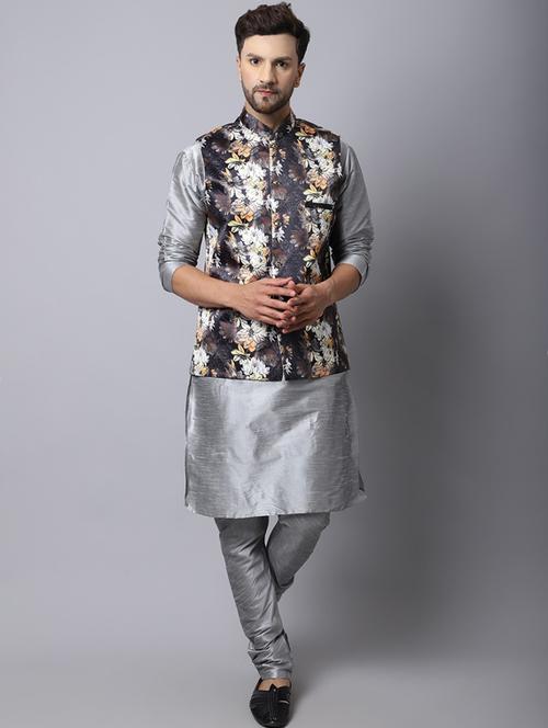 mandarin neck printed kurta pyjama with jacket - 20005279 - Very Small Image - 1