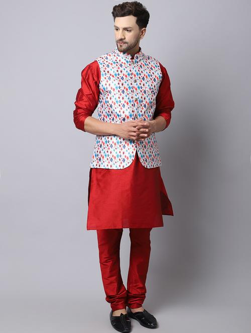 mandarin neck printed kurta pyjama with jacket - 20005287 - Very Small Image - 1