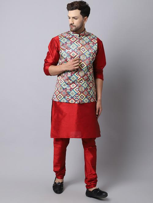 mandarin neck printed kurta pyjama with jacket - 20005290 - Very Small Image - 1