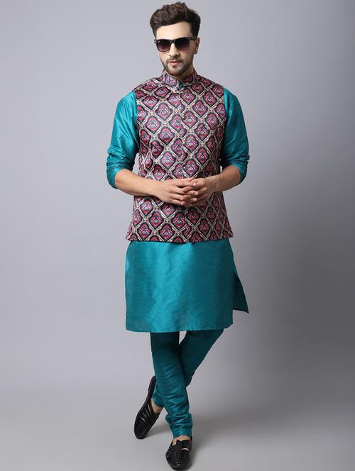 mandarin neck printed kurta pyjama with jacket - 20005292 - Very Small Image - 1