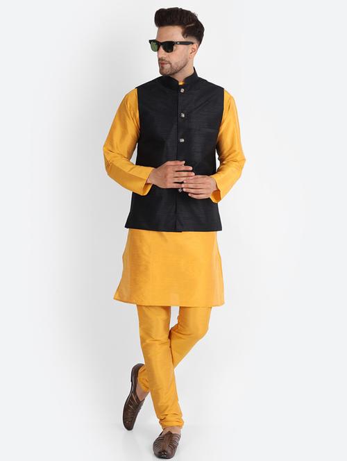 yellowblack pure silk kurta pyjama with jacket ethnic wear set - 20005307 - Very Small Image - 1