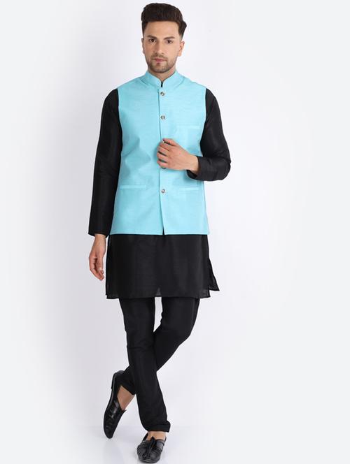 mandarin neck solid kurta pyjama with jacket - 20005323 - Very Small Image - 1