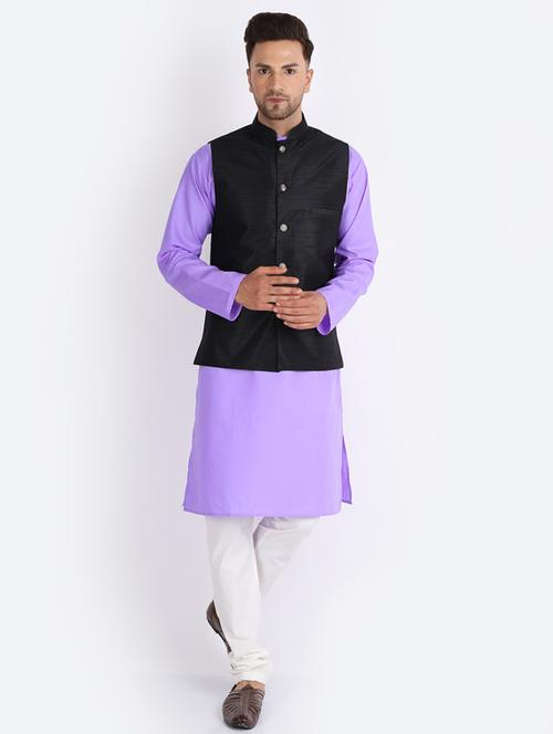 light purple-black cotton blend kurta pyjama with jacket ethnic wear set - 20005333 - Very Small Image - 1