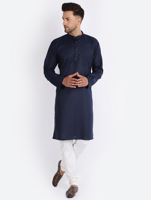 navy blue cotton blend kurta pyjama ethnic wear set - 20005343 - Very Small Image - 1