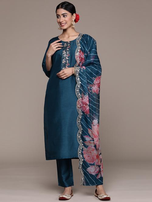 teal solid kurta pant set with dupatta - 20006238 - Very Small Image - 1