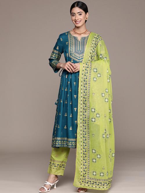 teal printed kurta pant set with dupatta - 20006246 - Very Small Image - 1