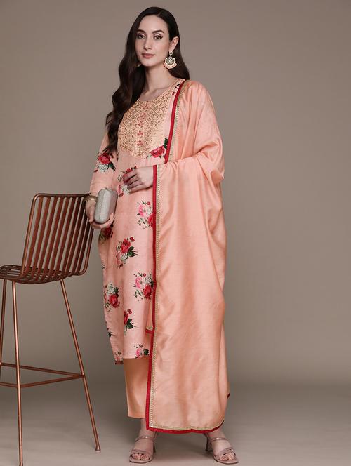peach printed kurta pant set with dupatta - 20006249 - Very Small Image - 1