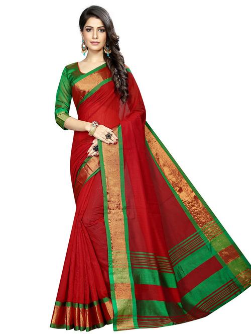 red cotton silk saree with blouse - 20008101 - Very Small Image - 1