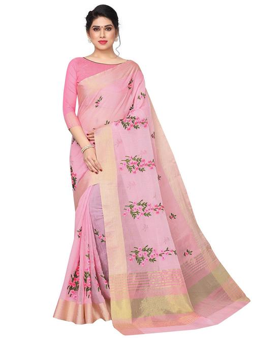 pink cotton blend saree with blouse - 20008287 - Very Small Image - 1