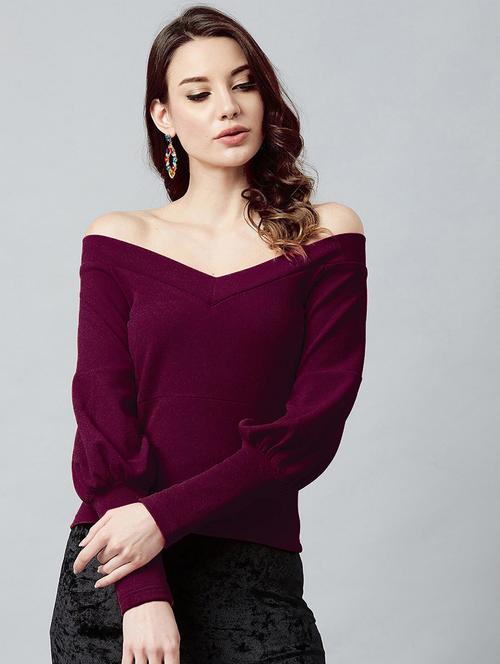 purple solid off shoulder top - 20008482 - Very Small Image - 1