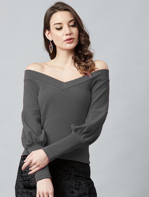 grey solid off shoulder top - 20008484 - Very Small Image - 1