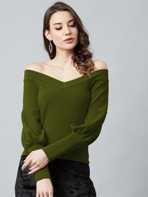 green solid off shoulder top - 20008488 - Very Small Image - 1