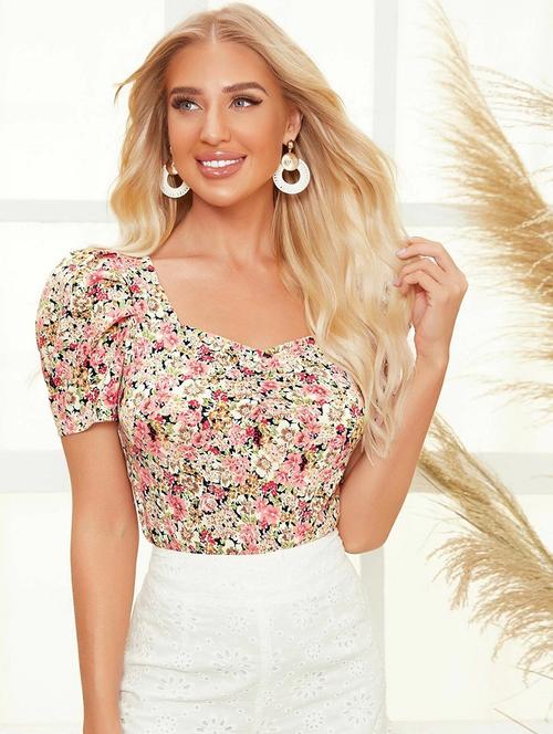 sweet heart neck floral regular top - 20008522 - Very Small Image - 1