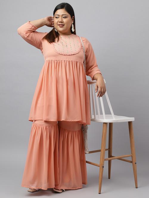 peach self design kurta sharara set - 20008936 - Very Small Image - 1