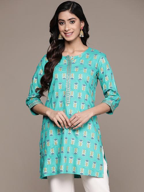 blue floral print round neck straight kurti - 20009092 - Very Small Image - 1