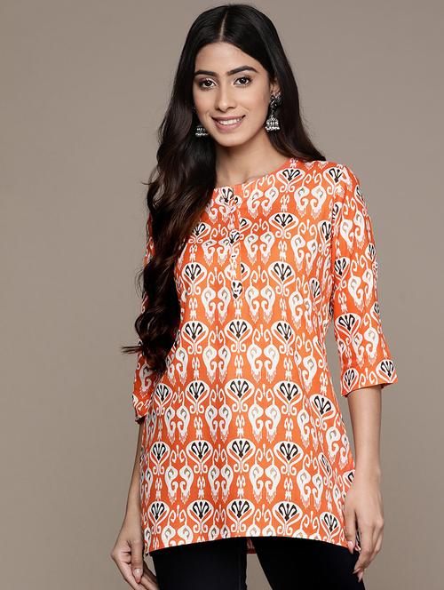 orange printed round neck straight kurti - 20009112 - Very Small Image - 1