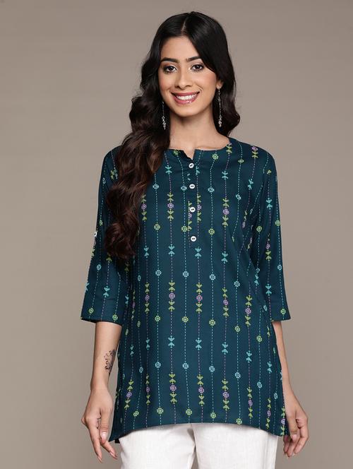 teal printed notch neck straight kurti - 20009113 - Very Small Image - 1