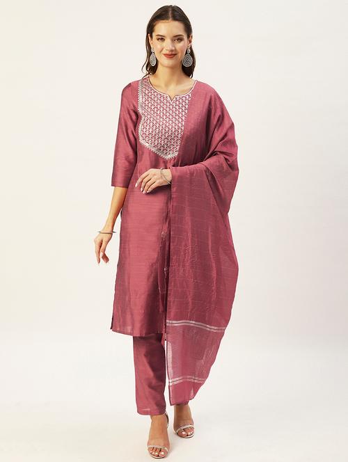 pink solid kurta pant set with dupatta - 20009326 - Very Small Image - 1