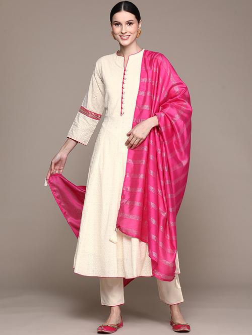cream kurta pant set with dupatta - 20009335 - Very Small Image - 1