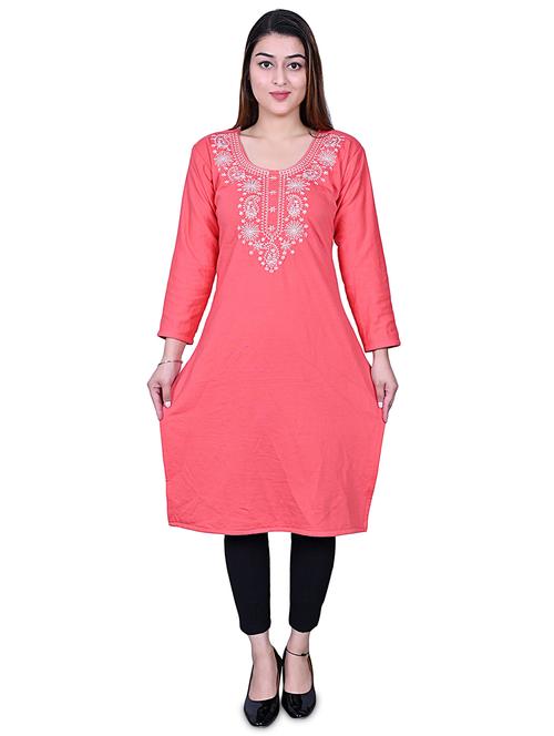peach round neck embroidered straight kurta - 20009452 - Very Small Image - 1