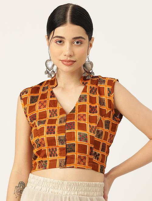 mustard printed stitched blouse - 20009635 - Very Small Image - 1