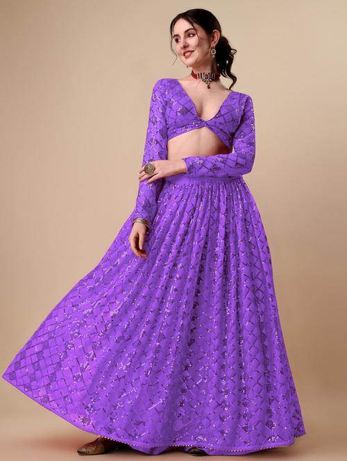 purple self design semi-stitched flared lehenga - 20009963 - Very Small Image - 1