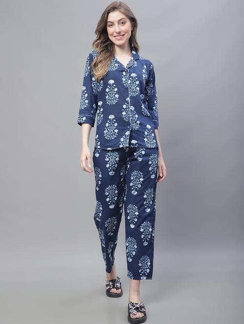 blue floral print three quater sleeves pyjama set - 20010366 - Very Small Image - 1