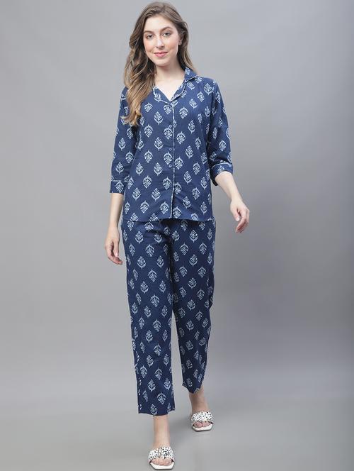 blue printed three quater sleeves pyjama set - 20010368 - Very Small Image - 1