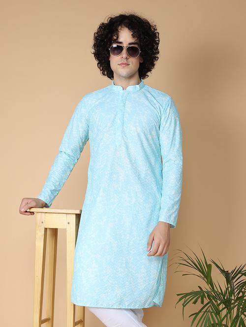 namaskar rayon cotton full sleeve chikankari embroidery knee length sky kurta for men - 20011670 - Very Small Image - 1