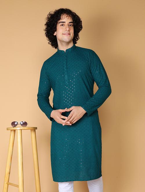 namaskar rayon cotton full sleeve chikankari self design knee length light green kurta for men - 20011678 - Very Small Image - 1
