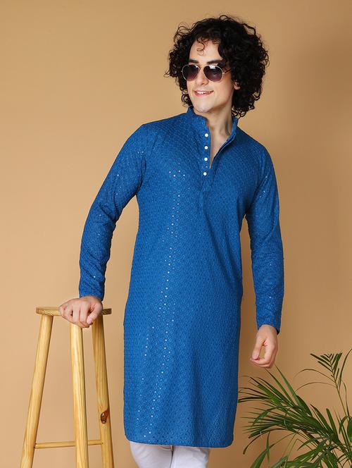 namaskar rayon cotton full sleeve chikankari self design knee length navy blue kurta for men - 20011679 - Very Small Image - 1